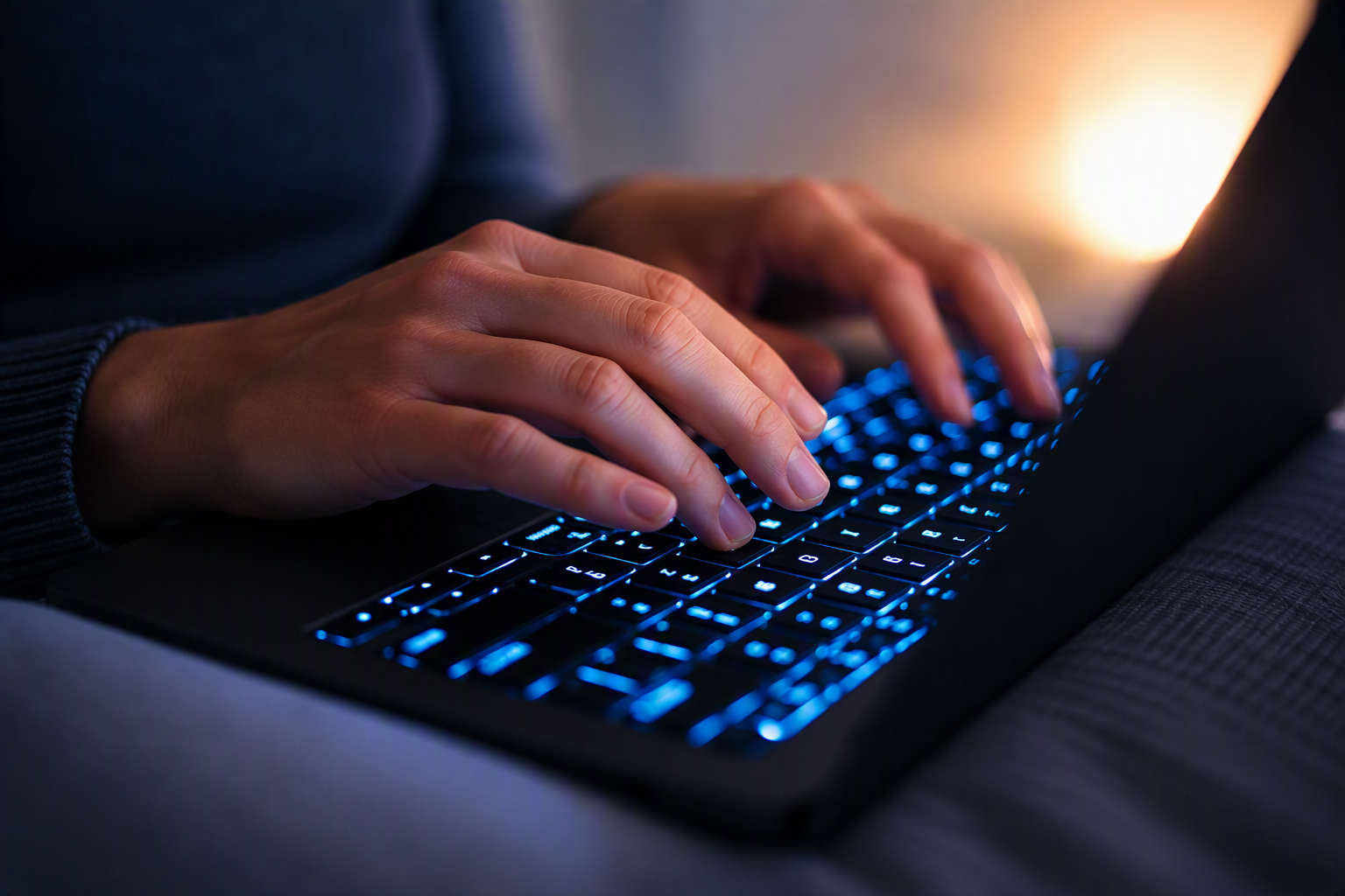 Close up of someones hands typing on a laptop 