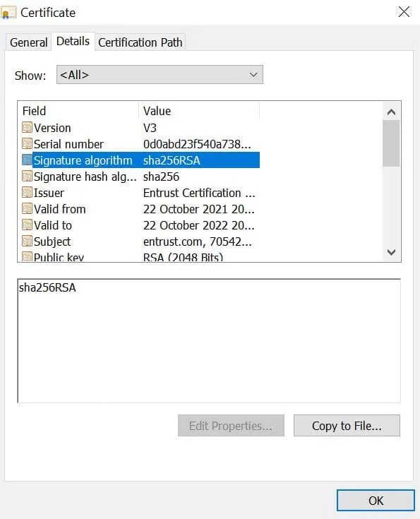 certificate details signature algorithm